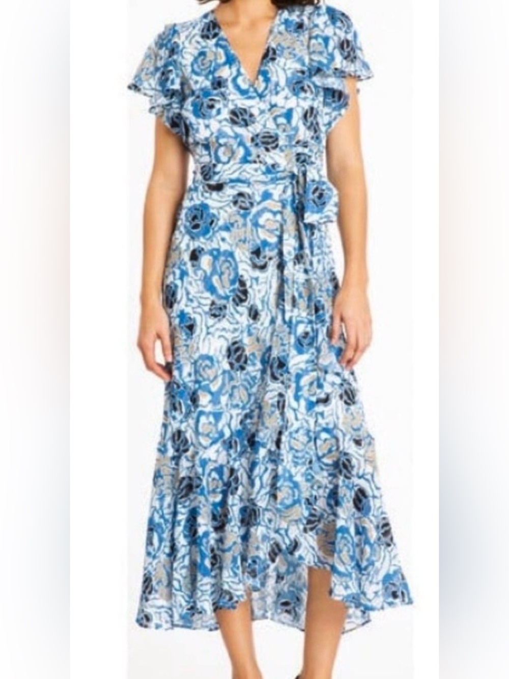 Tanya Taylor Blair Blue Floral Flutter Sleeve Midi Dress Size 2 Wedding Brunch